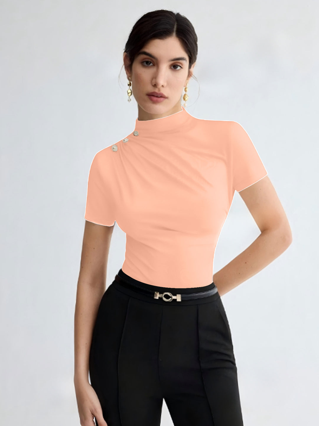 Damen elegantes Oberteil mit dekorativen Knopfdetails und modernem Stehkragen R&B