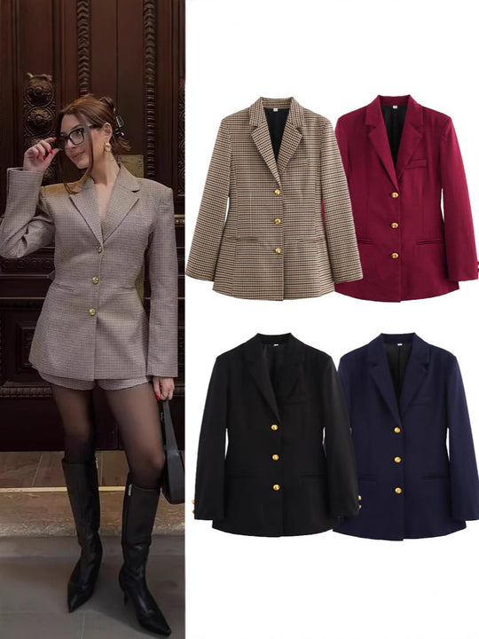 Damen karierten Blazer mit goldenen Knöpfen und praktischen Taschen R&B