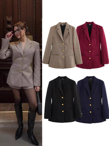 Damen karierten Blazer mit goldenen Knöpfen und praktischen Taschen R&B