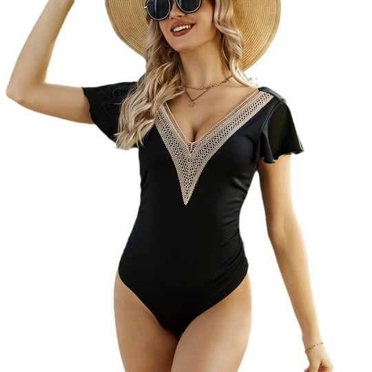 Damen Eleganter Badeanzug mit Volants und Spitzendetail R&B