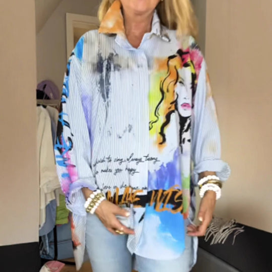 Damen nan weit geschnittene Hemdbluse mit künstlerischem Graffiti-Print, feiner Nadelstreifenstruktur und verlängertem Saum R&B