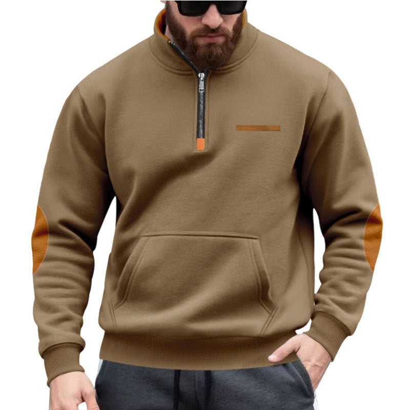 Herren nan Halbzip-Sweatpullover mit Stehkragen, Kängurutasche und Ellenbogenbesatz R&B