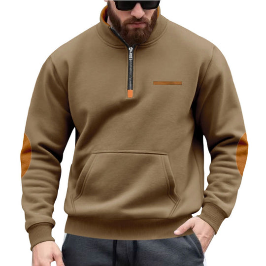 Herren nan Halbzip-Sweatpullover mit Stehkragen, Kängurutasche und Ellenbogenbesatz R&B