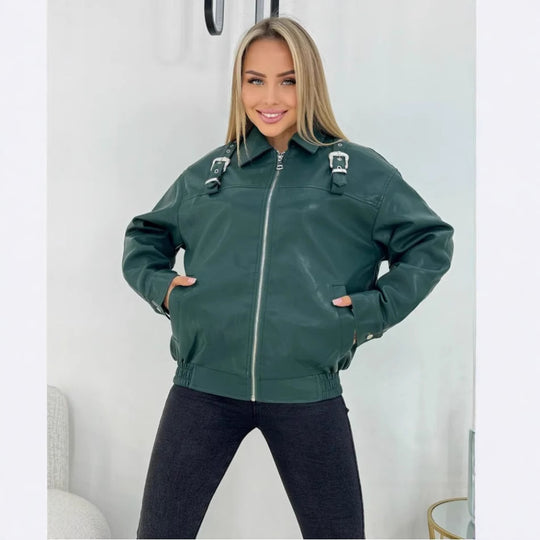 Damen modische Kunstlederjacke im lässigen Stil mit dekorativen Details R&B