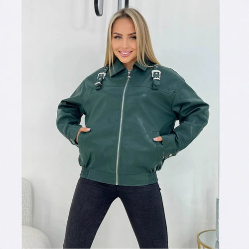 Damen modische Kunstlederjacke im lässigen Stil mit dekorativen Details R&B