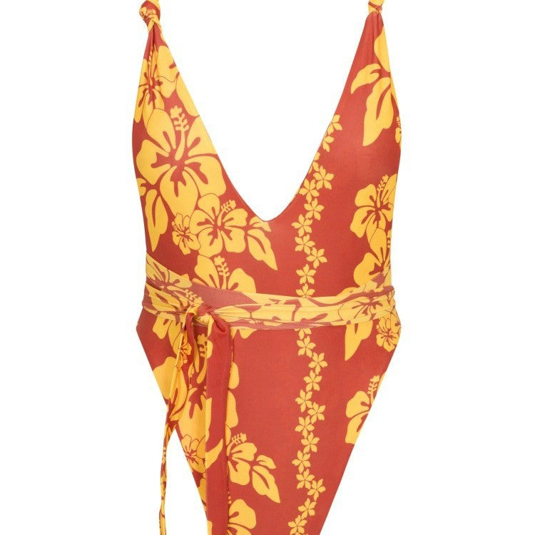 Damen Einteiliger Badeanzug mit tiefem V-Ausschnitt und floralem Design R&B