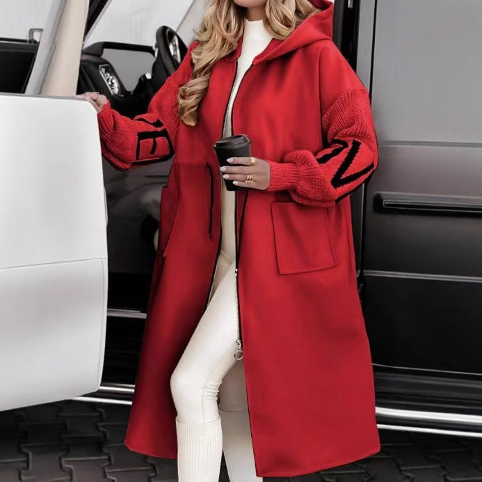 Damen Modische Longjacke mit Kapuze und Taschen R&B