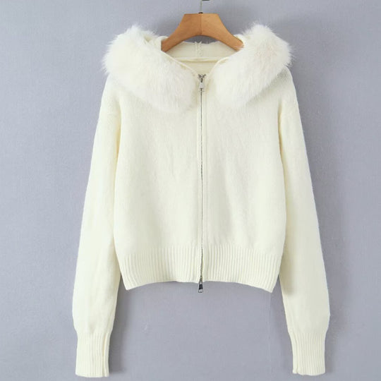 Damen Strickjacke mit luxuriösem Kunstfellkragen und Reißverschluss R&B