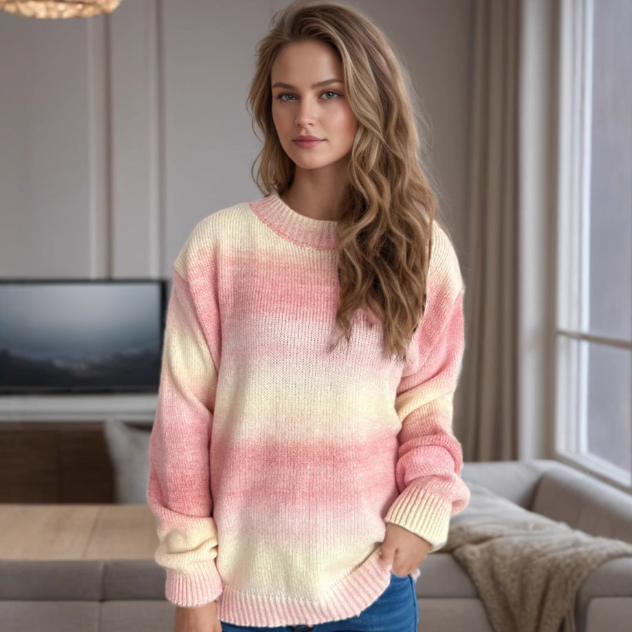 Damen lässiger Pullover mit sanften Farbverlauf und Rundhalsausschnitt R&B