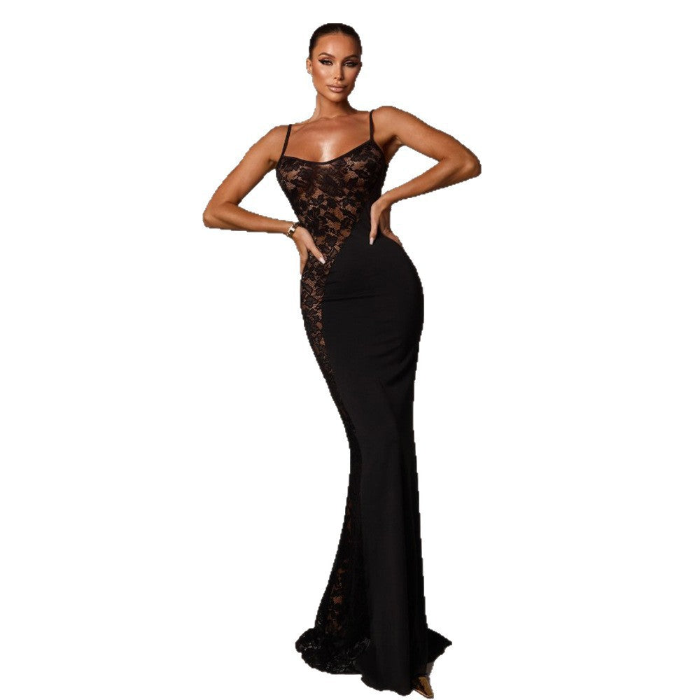 Damen Elegantes Langarm-Maxikleid mit filigraner Spitzenapplikation R&B