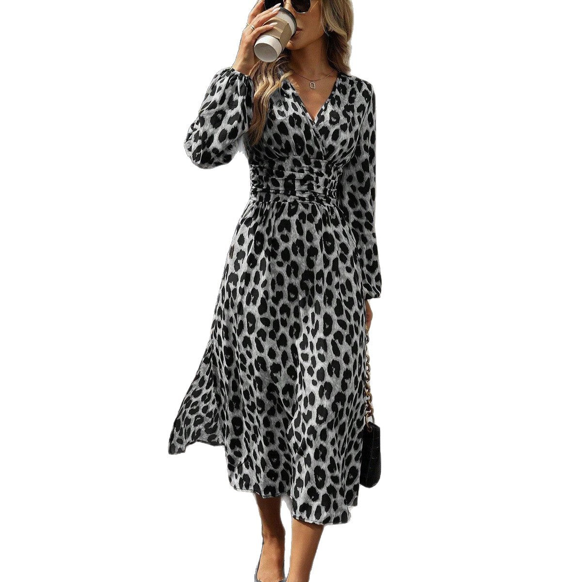Damen Midi-Kleid mit Wickeloptik und Tiermotiv R&B
