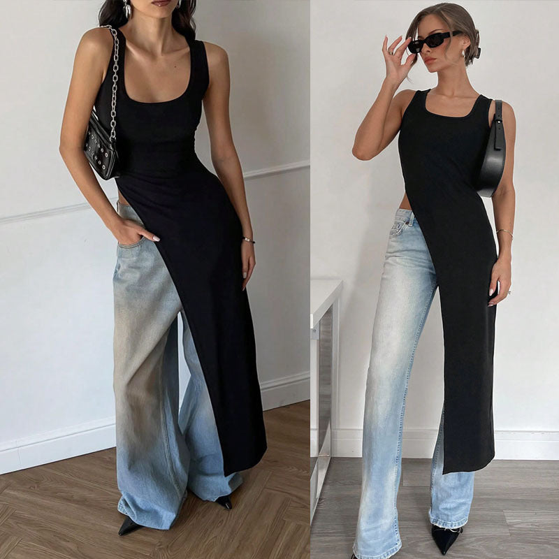Damen Langarm-Umstands-Tunika mit asymmetrischem Schnitt und stylischen Denim-Elementen R&B