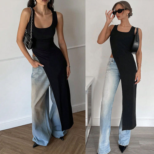 Damen Langarm-Umstands-Tunika mit asymmetrischem Schnitt und stylischen Denim-Elementen R&B