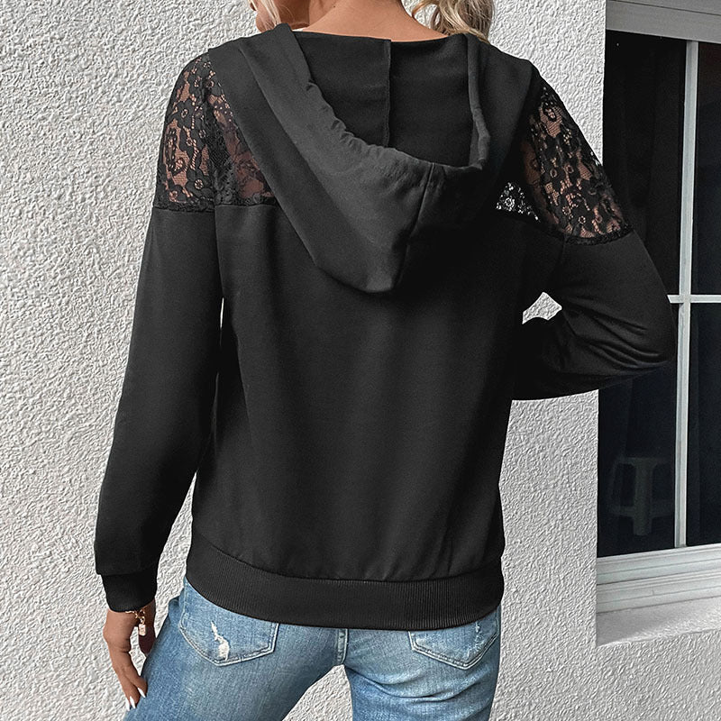 Damen Kapuzenpullover mit Spitzenbesatz und Kängurutasche R&B