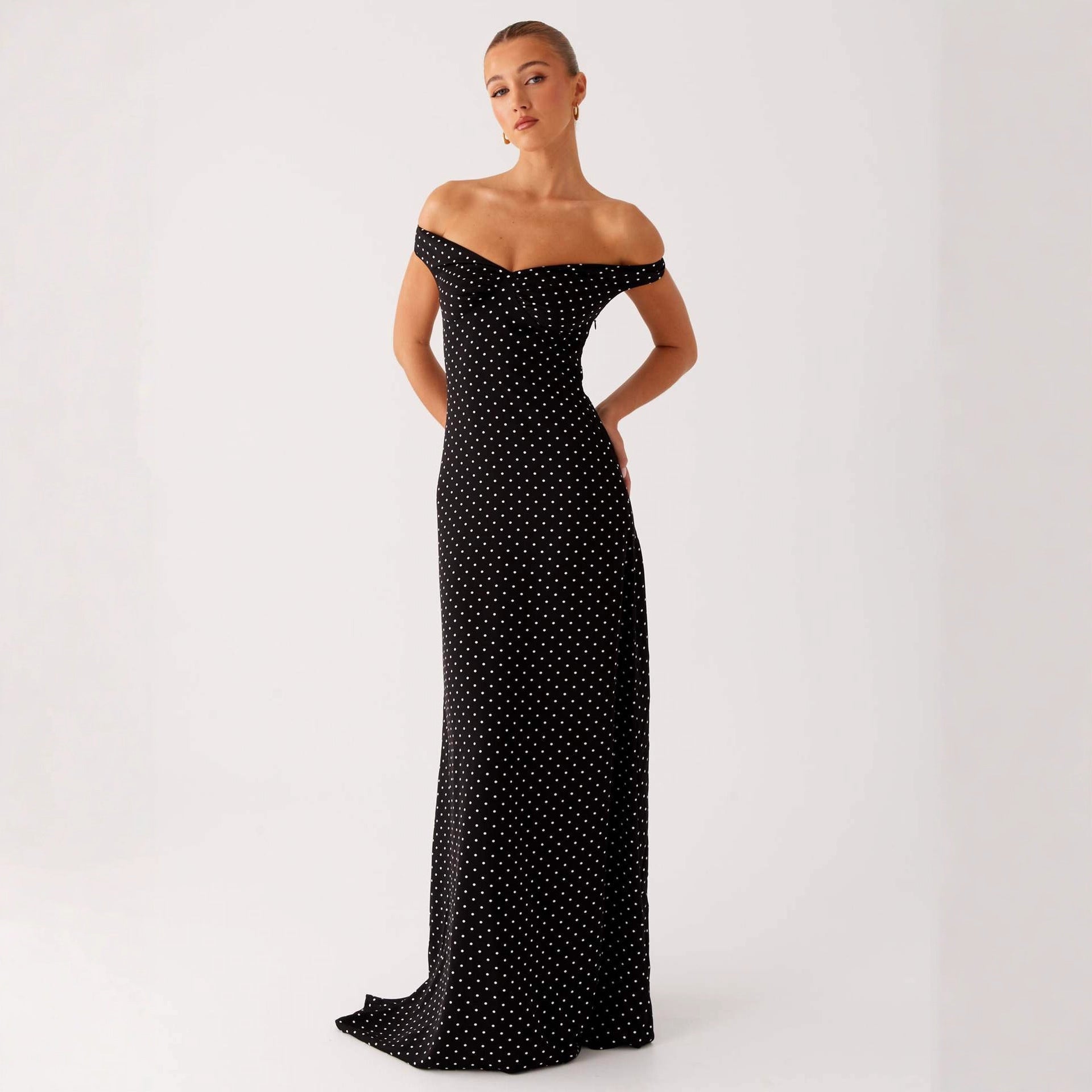 Damen Abendkleid mit Off-Shoulder-Design und elegantem Punktmuster R&B
