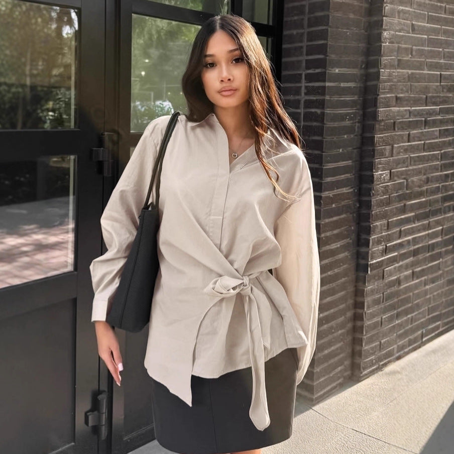 Damen Modische Bluse mit Bindegürtel und lässigem Schnitt R&B