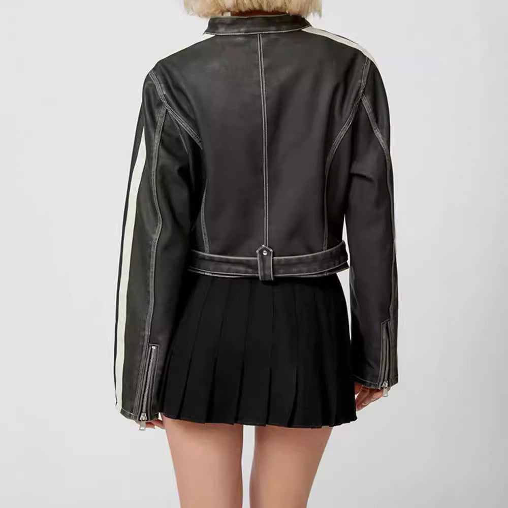 Damen kunstlederne Bikerjacke mit dezenten Kontraststreifen R&B