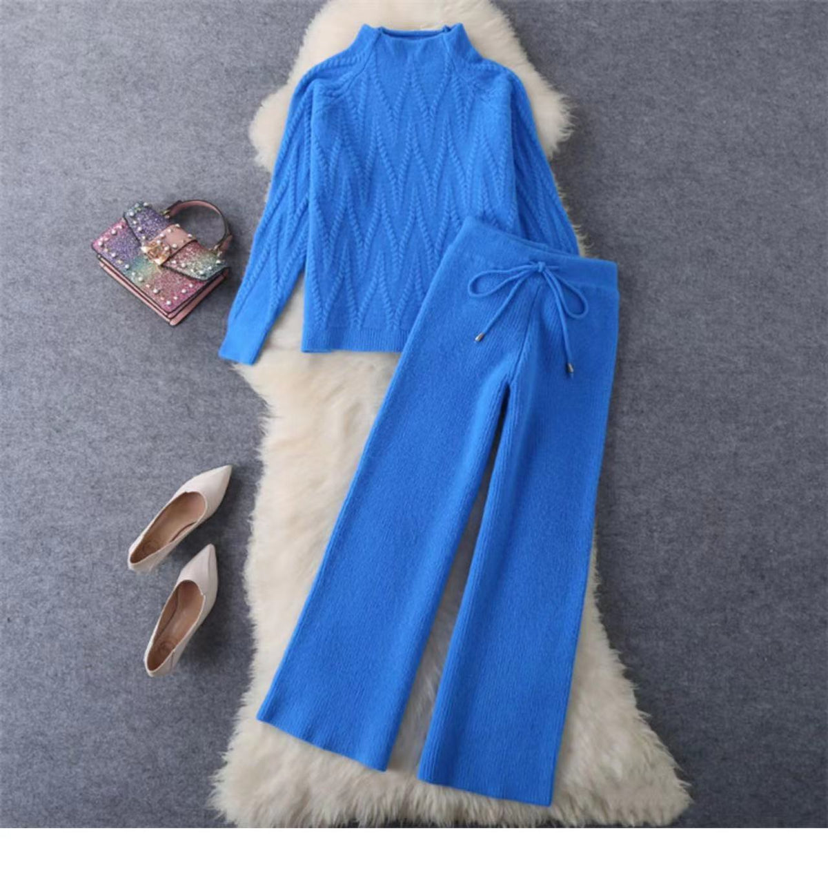 Damen Set aus Strickpullover und Weit geschnittenen Hose R&B