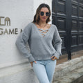 Damen Freizeit-Strickpullover mit elegantlyem V-Ausschnitt und verspielten Kreuzdetails R&B