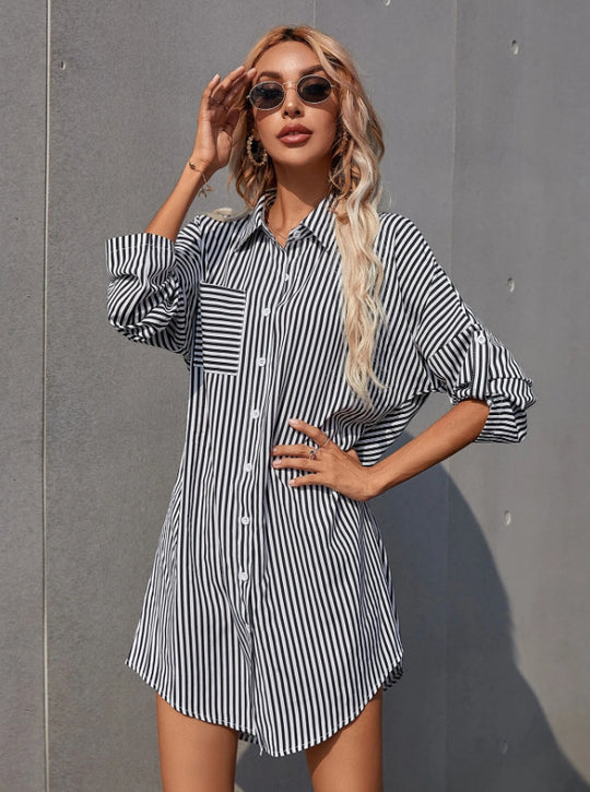 Damen Hemdblusenkleid im lässigen Stil mit Streifenmuster R&B