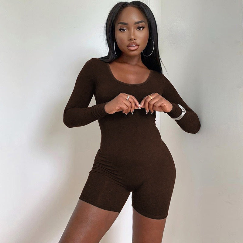 Damen Figurbetontes Kurzarm-Jumpsuit mit langem Arm R&B