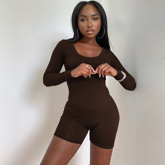Damen Figurbetontes Kurzarm-Jumpsuit mit langem Arm R&B