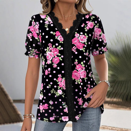 Damen nan florale V-Ausschnitt-Bluse mit dekorativer Spitzenblende und gerafften Kurzärmeln R&B