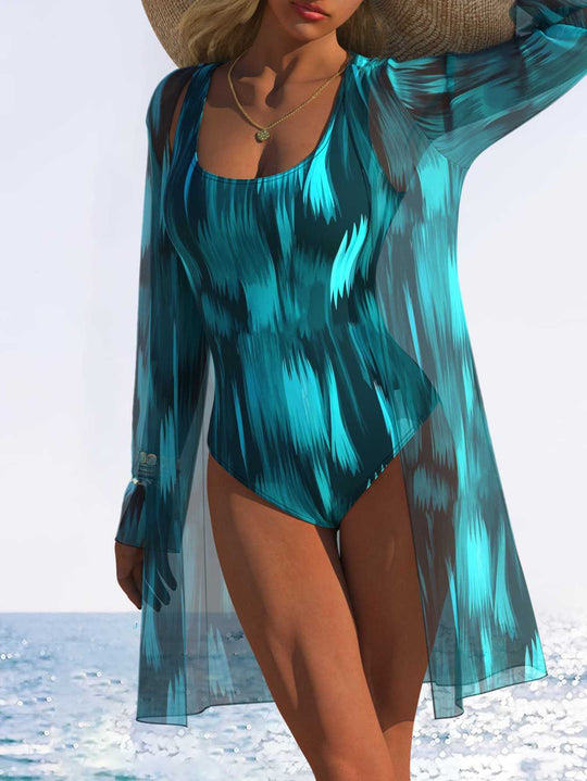 Damen Einteiliger Schwimmanzug mit transparentem Überwurf und modernem Wellenmuster R&B