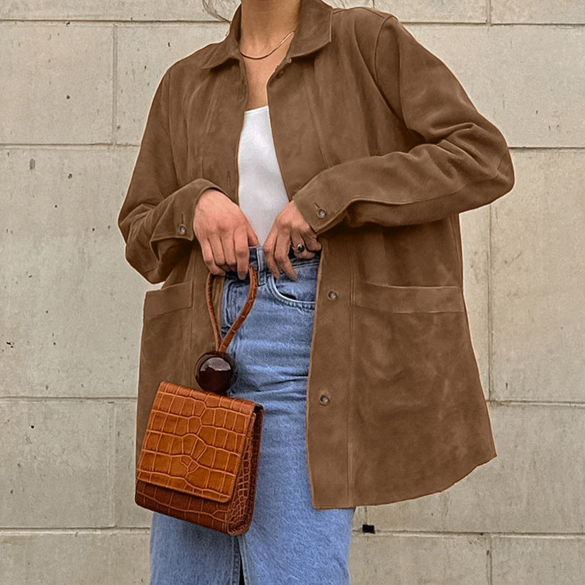Damen Modische Wildlederjacke mit Druckknopfverschluss und praktischen Taschen R&B