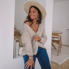 Damen lässiger Pullover mit offener Schulter und weichem Strickmuster R&B