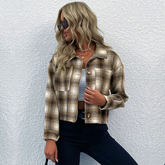 Damen karierte Kurzjacke im lässigen Schnitt mit praktischen Taschen R&B