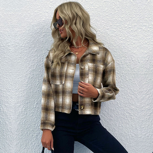 Damen karierte Kurzjacke im lässigen Schnitt mit praktischen Taschen R&B