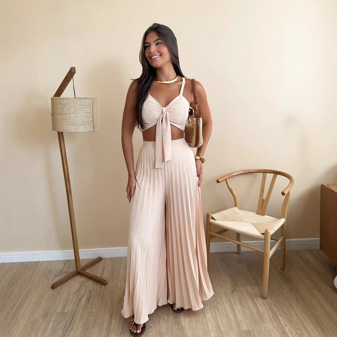 Damen Plissierte weite Hose mit Bindegürtel R&B