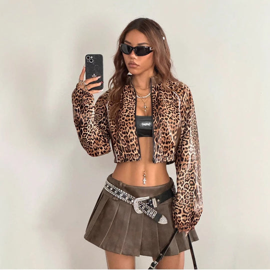 Damen Cropped Kunstlederjacke mit Leopardenmuster R&B