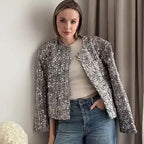 Damen nan gefütterte Bouclé-Kurzjacke mit Paillettenbesatz, Rundhalsausschnitt und offener Front R&B
