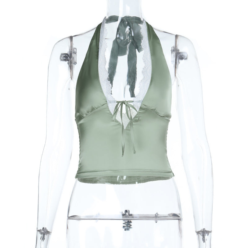 Damen Halter-Crop-Top mit feinen Spitzendetails R&B