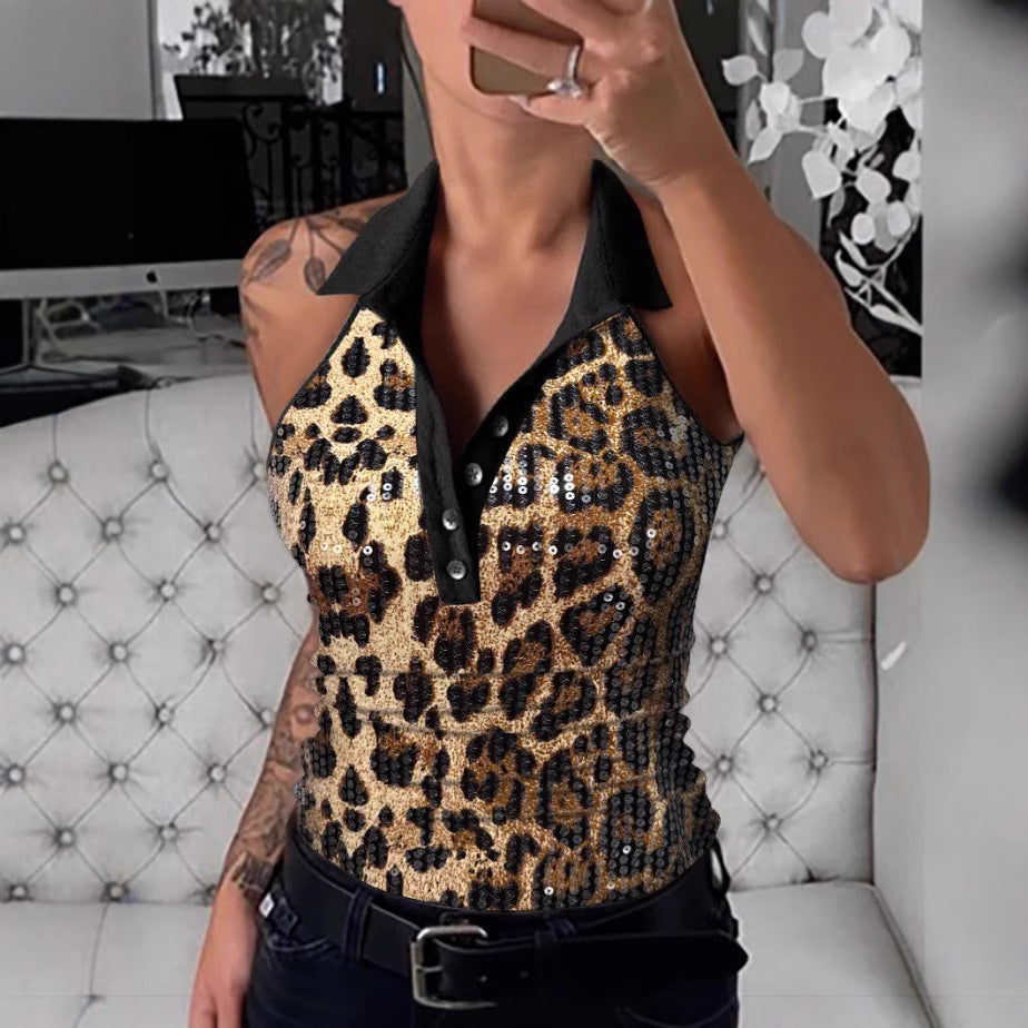 Damen Poloshirt mit funkelnden Pailletten und auffälligem Leopardenmuster R&B