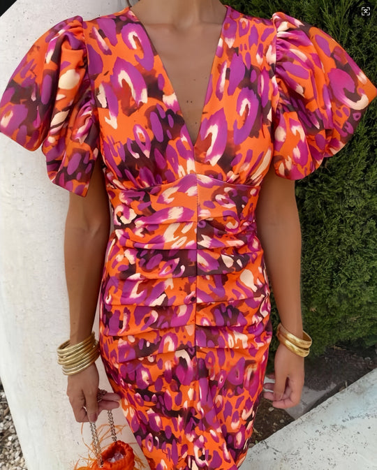 Damen Elegantes Kleid mit Puffärmeln und raffiniertem Schnitt R&B