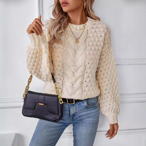 Damen gemütlicher Strickpullover mit strukturiertem Zopfmuster und lässigem Schnitt R&B