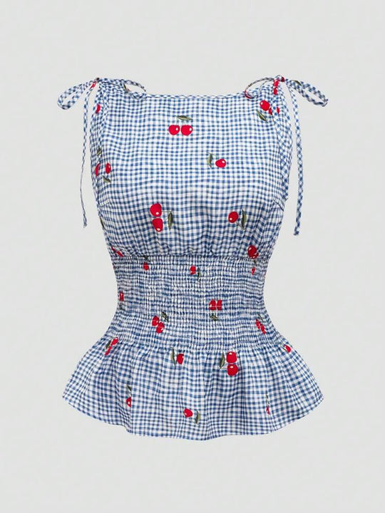 Damen Bluse mit floralem Karo-Muster und Rüschensaum R&B