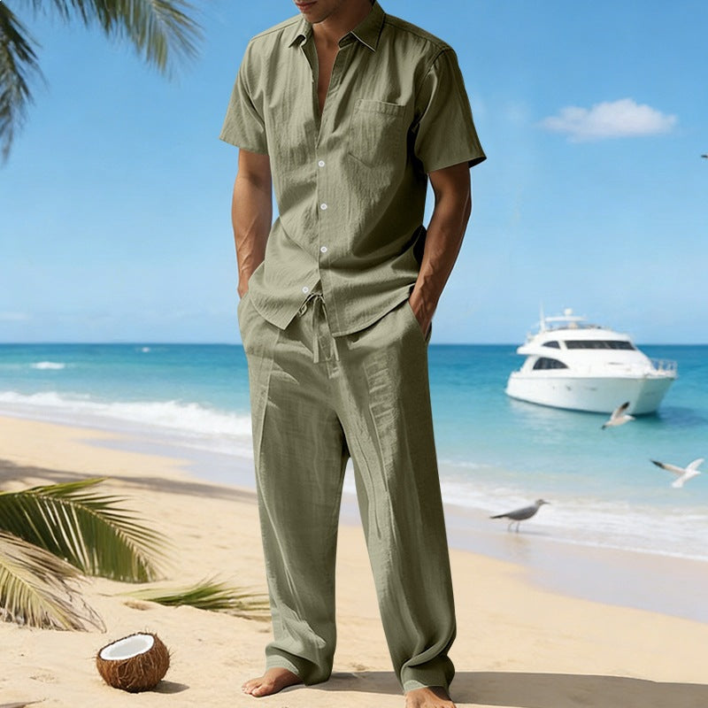 Herren nan resort-taugliches Kurzarm-Hemd mit Brusttasche und lässiger Leinen-Kordelhose R&B