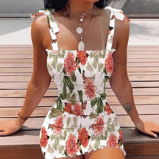 Damen Kurzkleid mit Blumenmuster und Spitzenträgern R&B