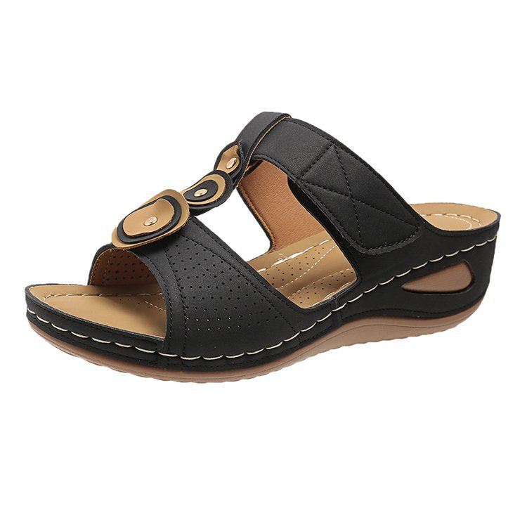 Damen Bequeme Wedge-Pantoletten mit verstellbaren Riemen und anatomischem Fußbett R&B