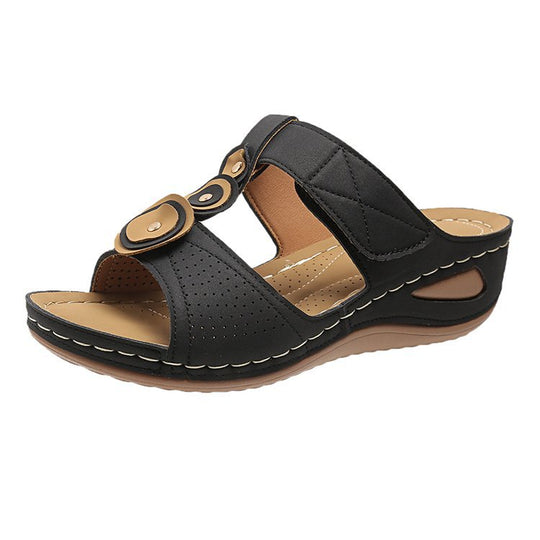 Damen Bequeme Wedge-Pantoletten mit verstellbaren Riemen und anatomischem Fußbett R&B