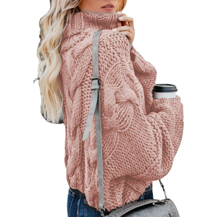 Damen Grobstrickpullover mit hohem Kragen und Zopfmuster R&B