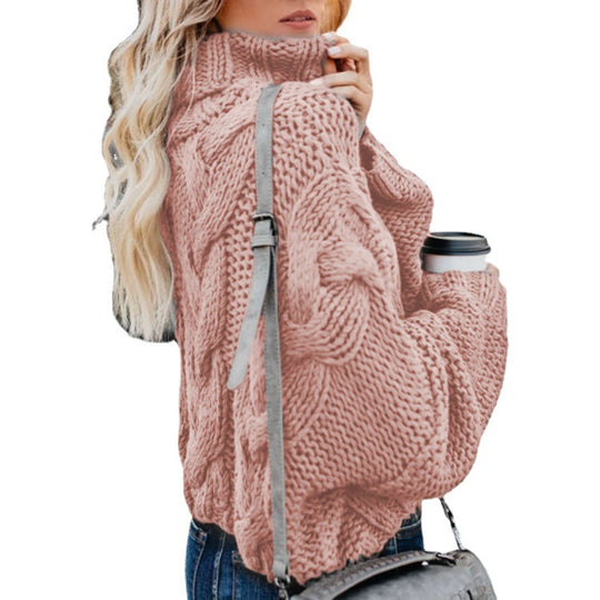 Damen Grobstrickpullover mit hohem Kragen und Zopfmuster R&B