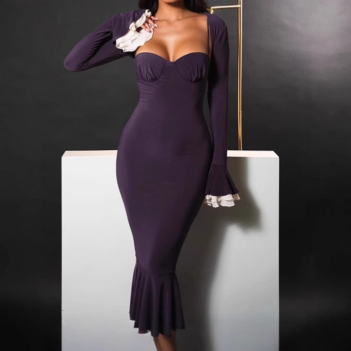 Damen Elegantes Langarm-Midikleid mit Rüschensaum R&B