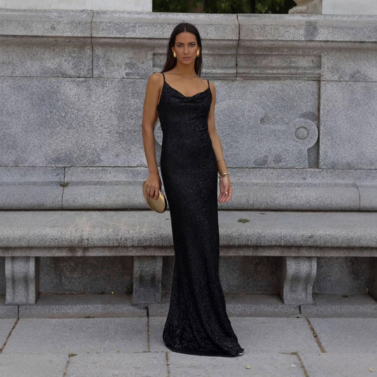 Damen Glamouröses Abendkleid mit tiefem Rückenausschnitt und schimmerndem Material R&B