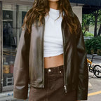 Damen Lässige Kunstlederjacke mit oversized Schnitt und eleganten Details R&B