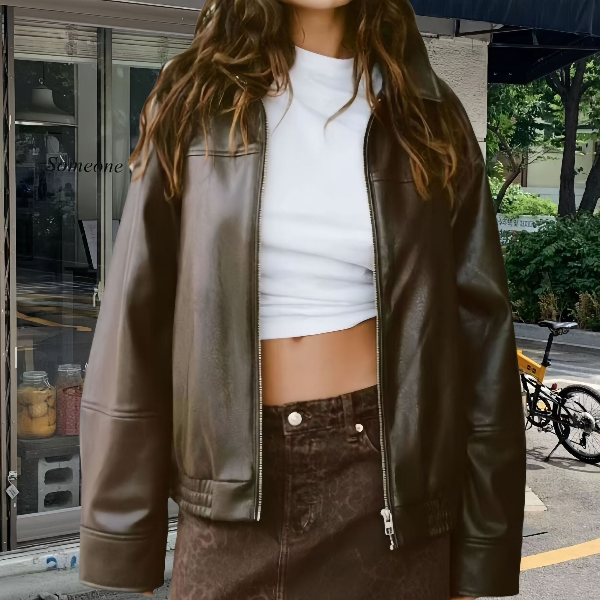Damen Lässige Kunstlederjacke mit oversized Schnitt und eleganten Details R&B